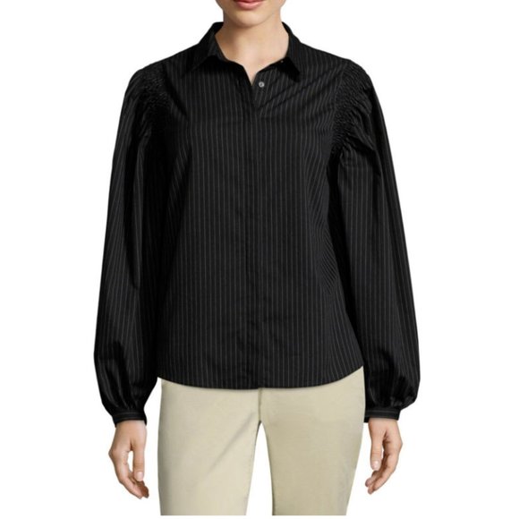 Smocked Shoulder Button Front Shirt Black/white Stripe Size:M - Picture 1 of 1